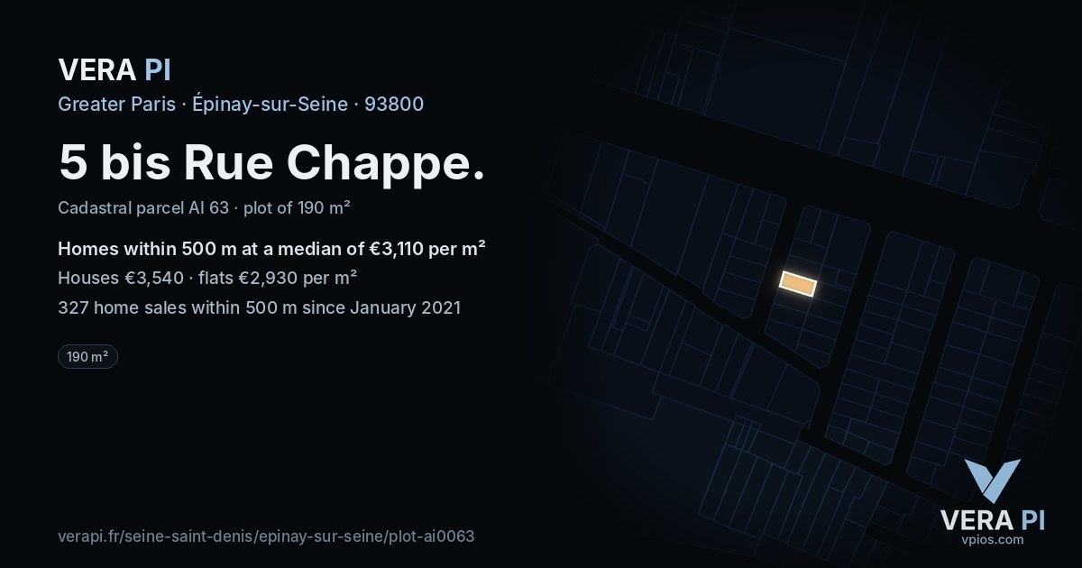 5 bis Rue Chappe, Épinay-sur-Seine at night – the plot lit, the parcels around coloured by the prices near them