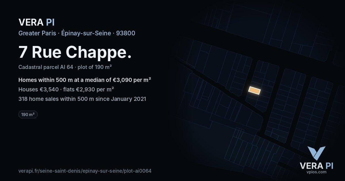 7 Rue Chappe, Épinay-sur-Seine at night – the plot lit, the parcels around coloured by the prices near them
