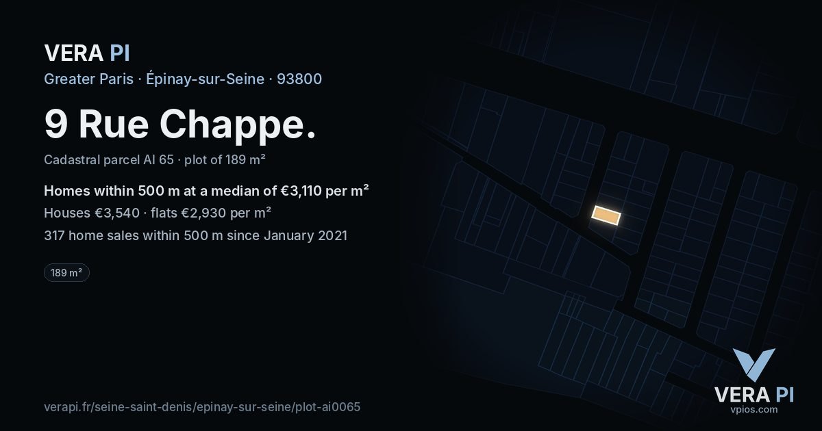 9 Rue Chappe, Épinay-sur-Seine at night – the plot lit, the parcels around coloured by the prices near them