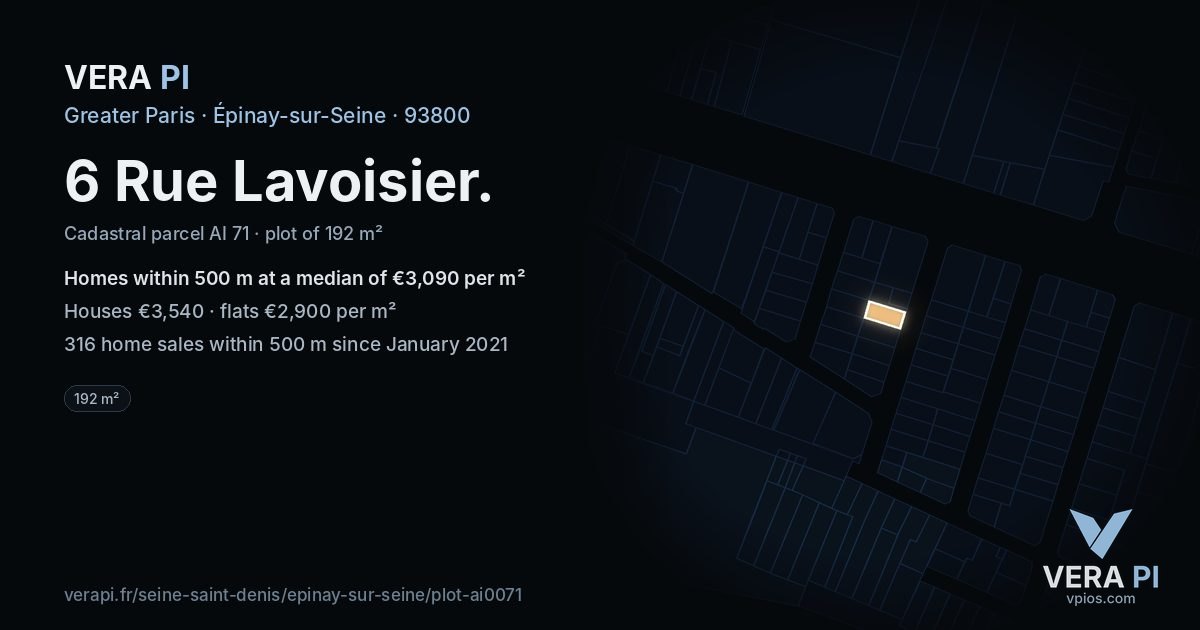 6 Rue Lavoisier, Épinay-sur-Seine at night – the plot lit, the parcels around coloured by the prices near them