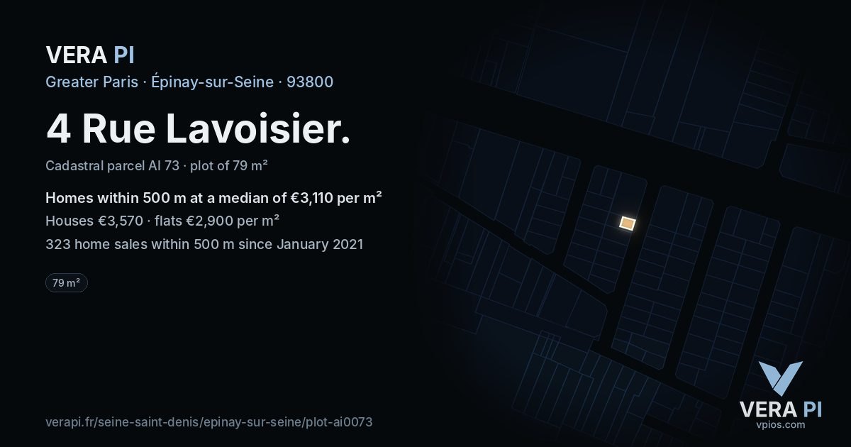 4 Rue Lavoisier, Épinay-sur-Seine at night – the plot lit, the parcels around coloured by the prices near them