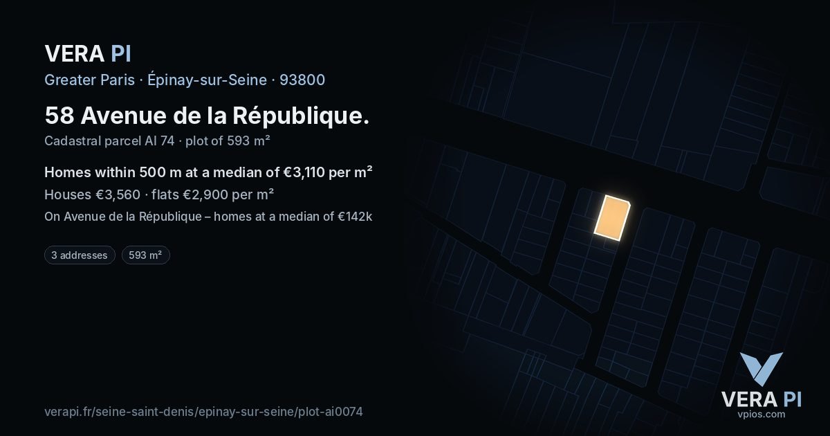 58 Avenue de la République, Épinay-sur-Seine at night – the plot lit, the parcels around coloured by the prices near them