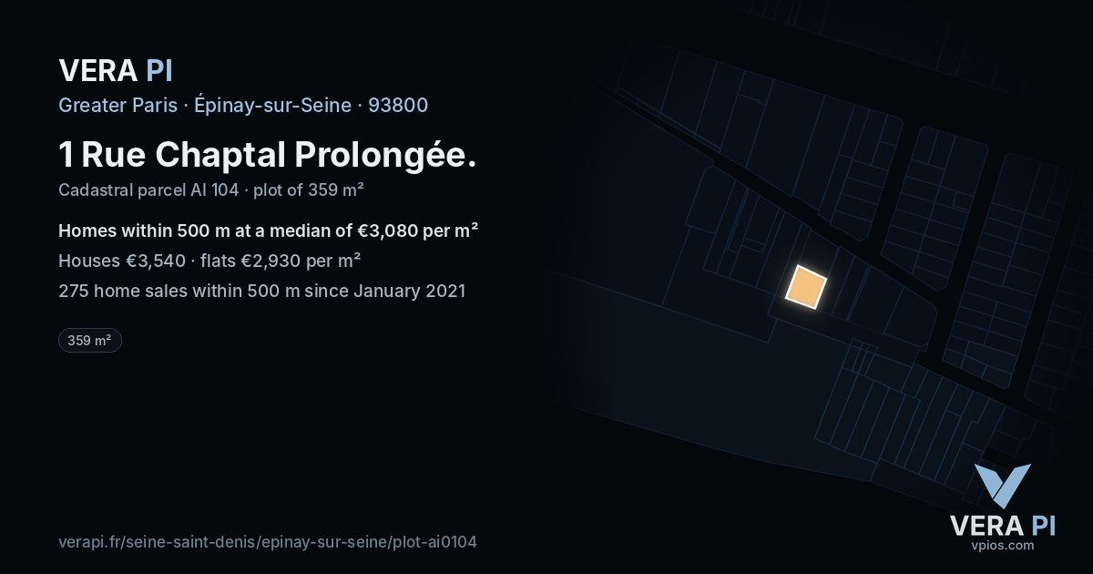 1 Rue Chaptal Prolongée, Épinay-sur-Seine at night – the plot lit, the parcels around coloured by the prices near them