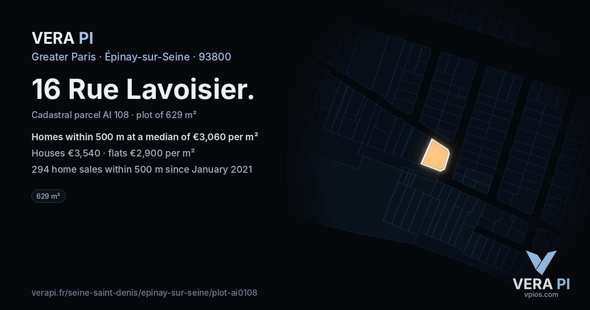 16 Rue Lavoisier, Épinay-sur-Seine at night – the plot lit, the parcels around coloured by the prices near them