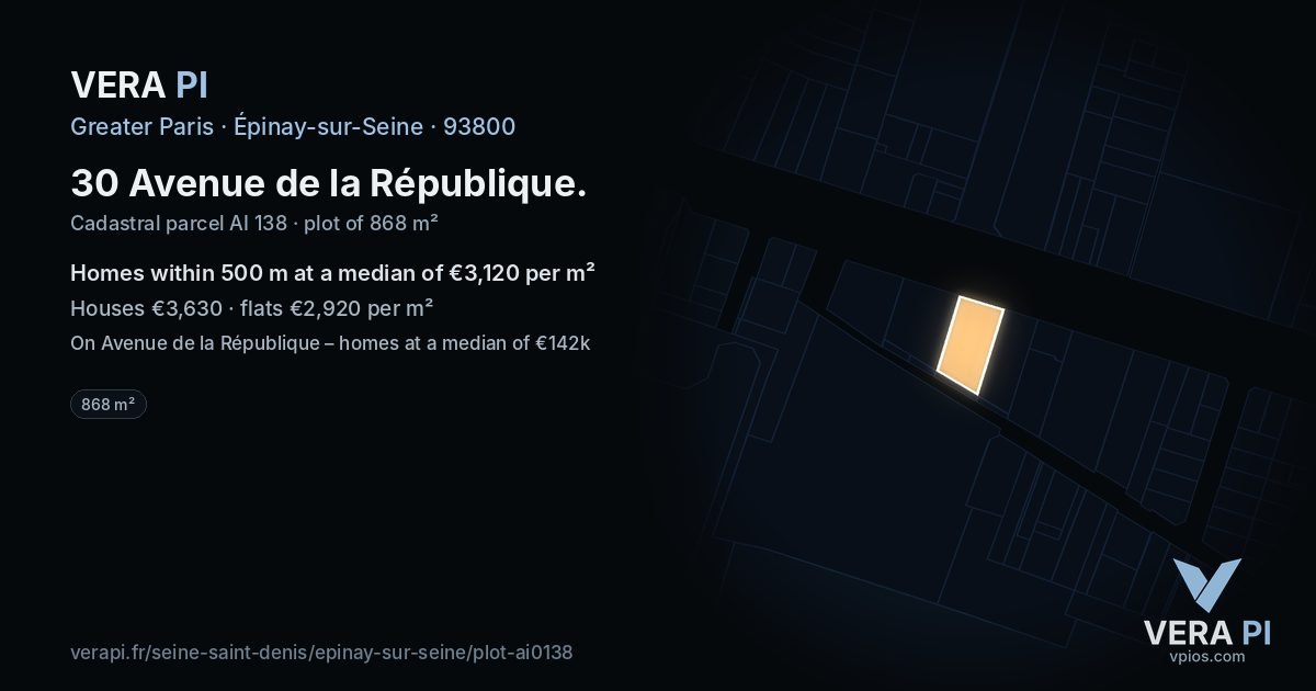 30 Avenue de la République, Épinay-sur-Seine at night – the plot lit, the parcels around coloured by the prices near them