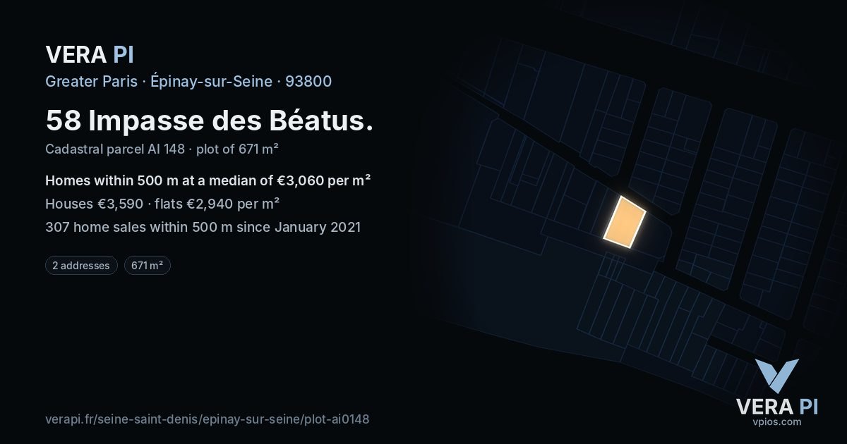 58 Impasse des Béatus, Épinay-sur-Seine at night – the plot lit, the parcels around coloured by the prices near them