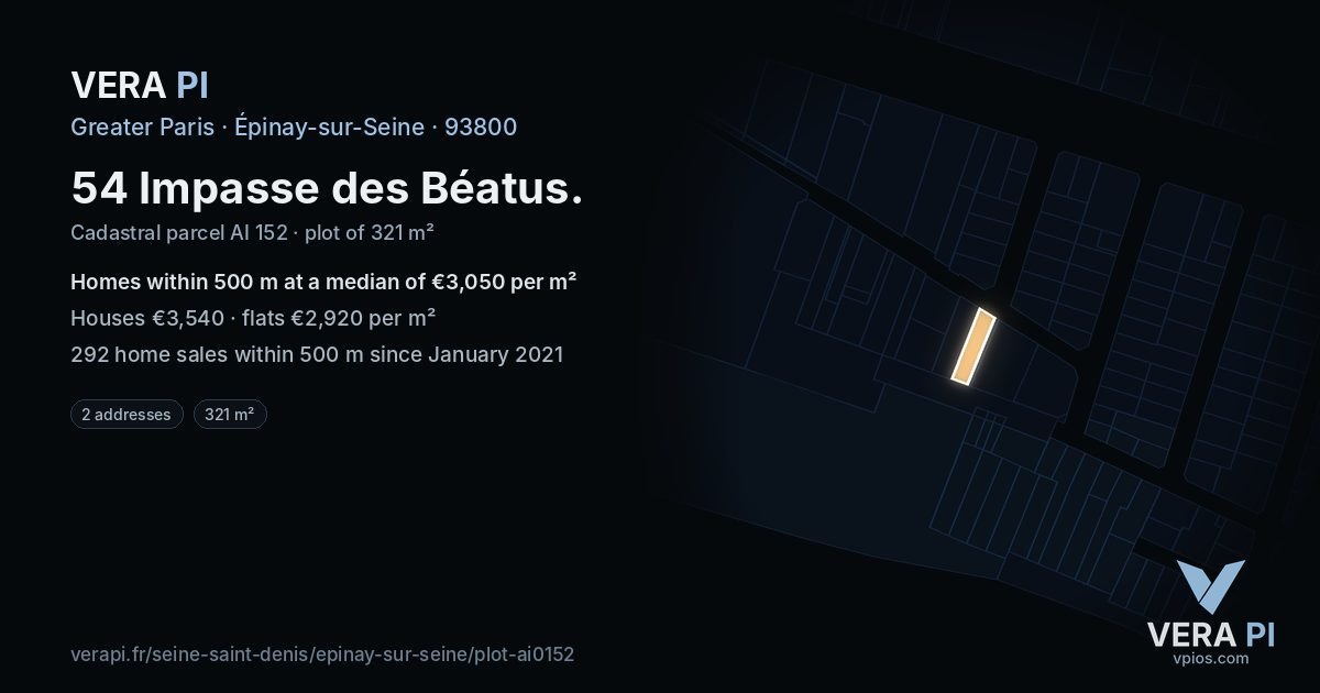 54 Impasse des Béatus, Épinay-sur-Seine at night – the plot lit, the parcels around coloured by the prices near them
