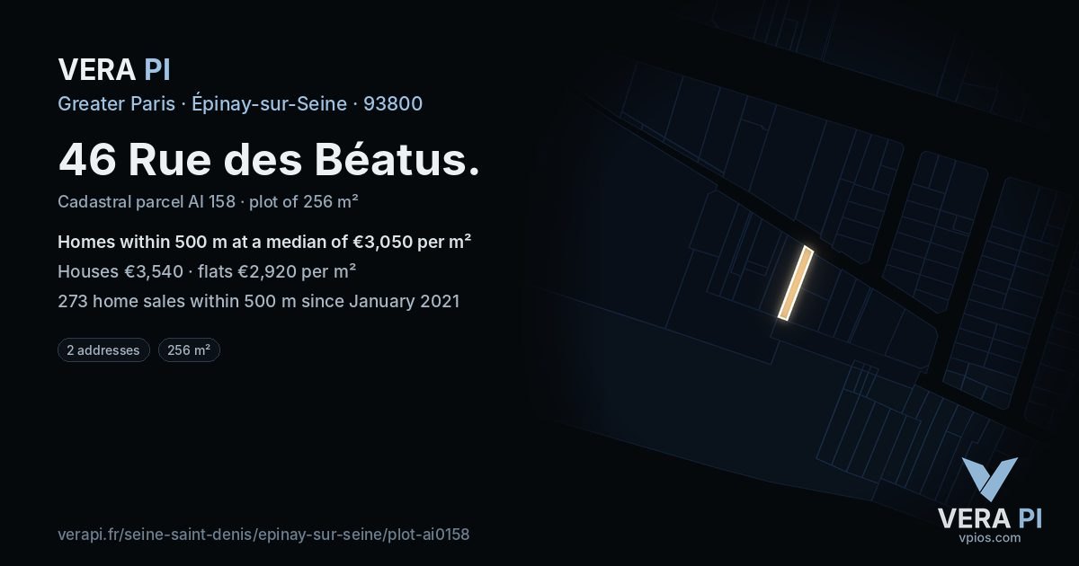 46 Rue des Béatus, Épinay-sur-Seine at night – the plot lit, the parcels around coloured by the prices near them