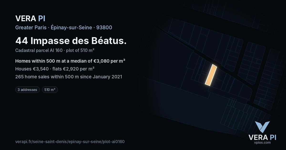 44 Impasse des Béatus, Épinay-sur-Seine at night – the plot lit, the parcels around coloured by the prices near them