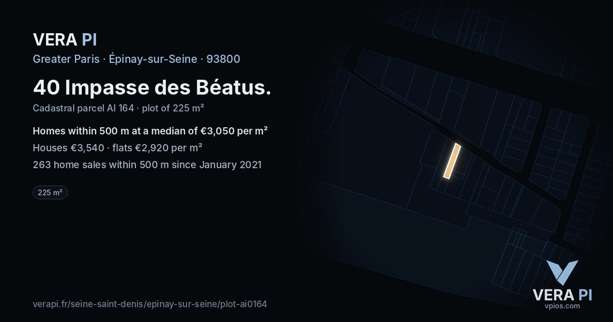 40 Impasse des Béatus, Épinay-sur-Seine at night – the plot lit, the parcels around coloured by the prices near them