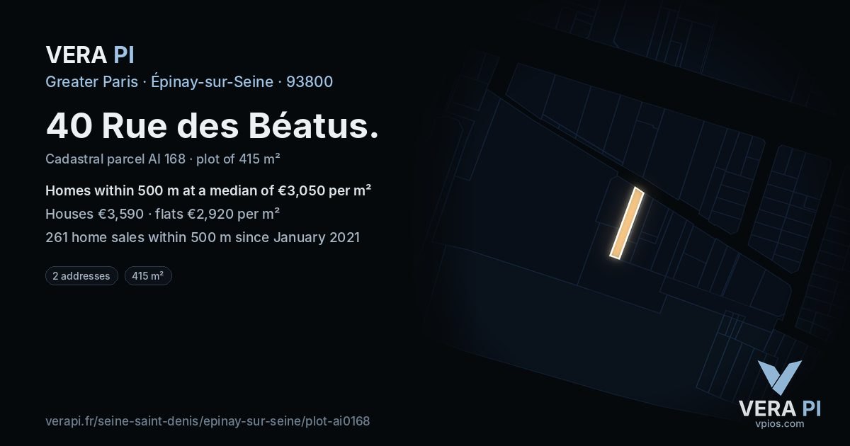 40 Rue des Béatus, Épinay-sur-Seine at night – the plot lit, the parcels around coloured by the prices near them