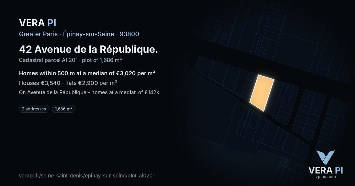 42 Avenue de la République, Épinay-sur-Seine at night – the plot lit, the parcels around coloured by the prices near them