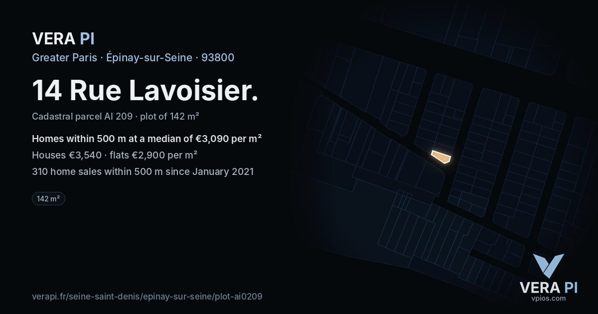 14 Rue Lavoisier, Épinay-sur-Seine at night – the plot lit, the parcels around coloured by the prices near them