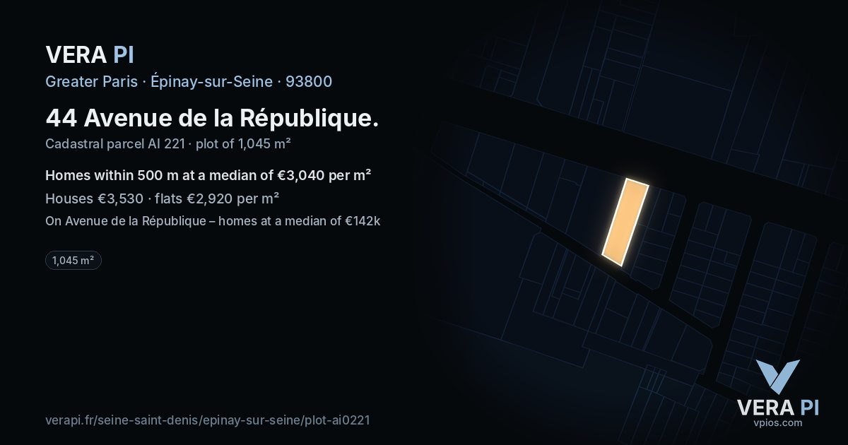 44 Avenue de la République, Épinay-sur-Seine at night – the plot lit, the parcels around coloured by the prices near them