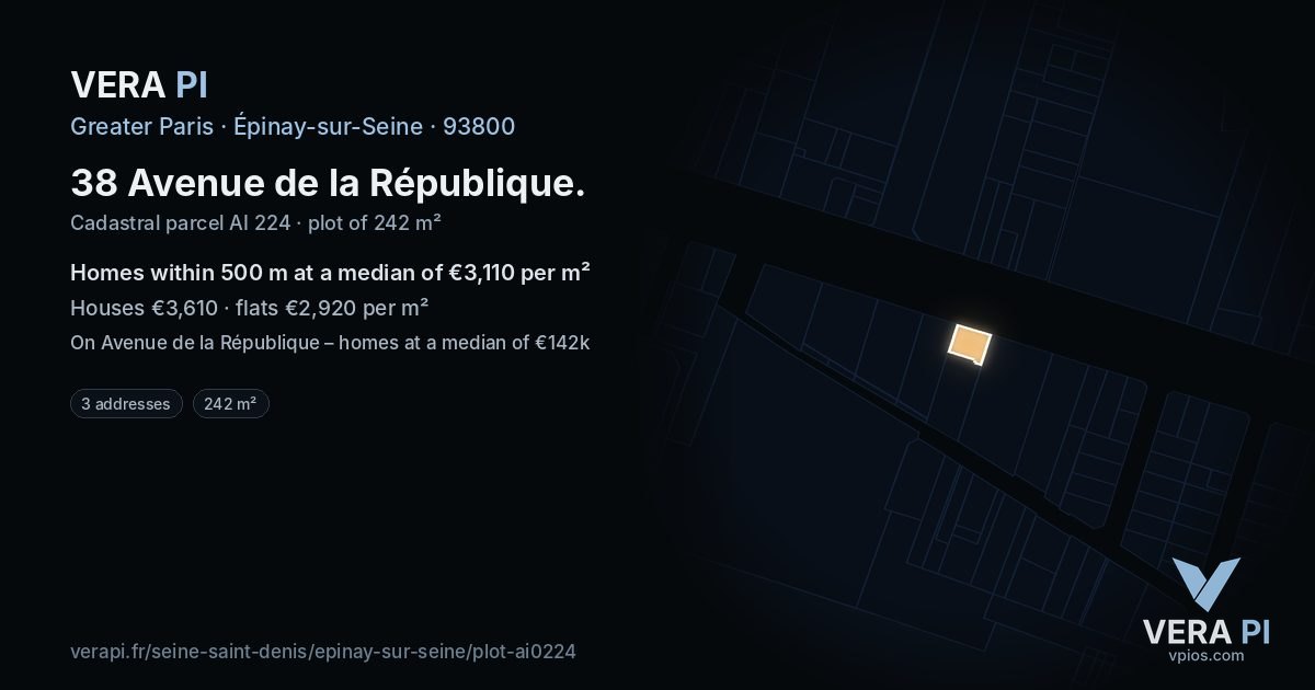 38 Avenue de la République, Épinay-sur-Seine at night – the plot lit, the parcels around coloured by the prices near them