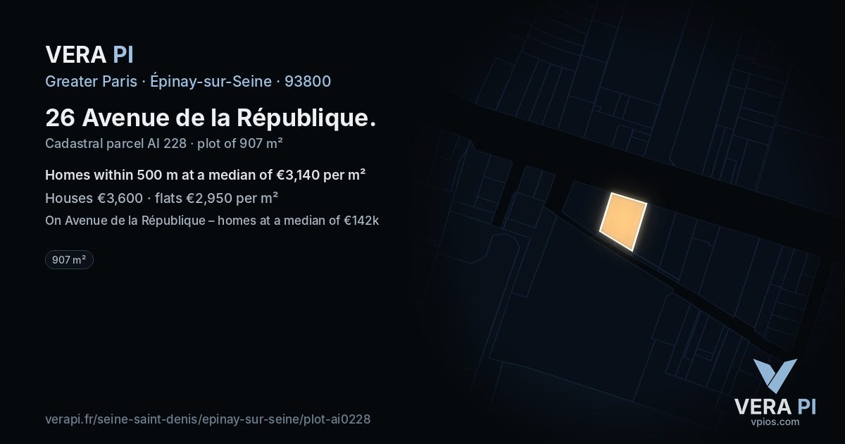 26 Avenue de la République, Épinay-sur-Seine at night – the plot lit, the parcels around coloured by the prices near them