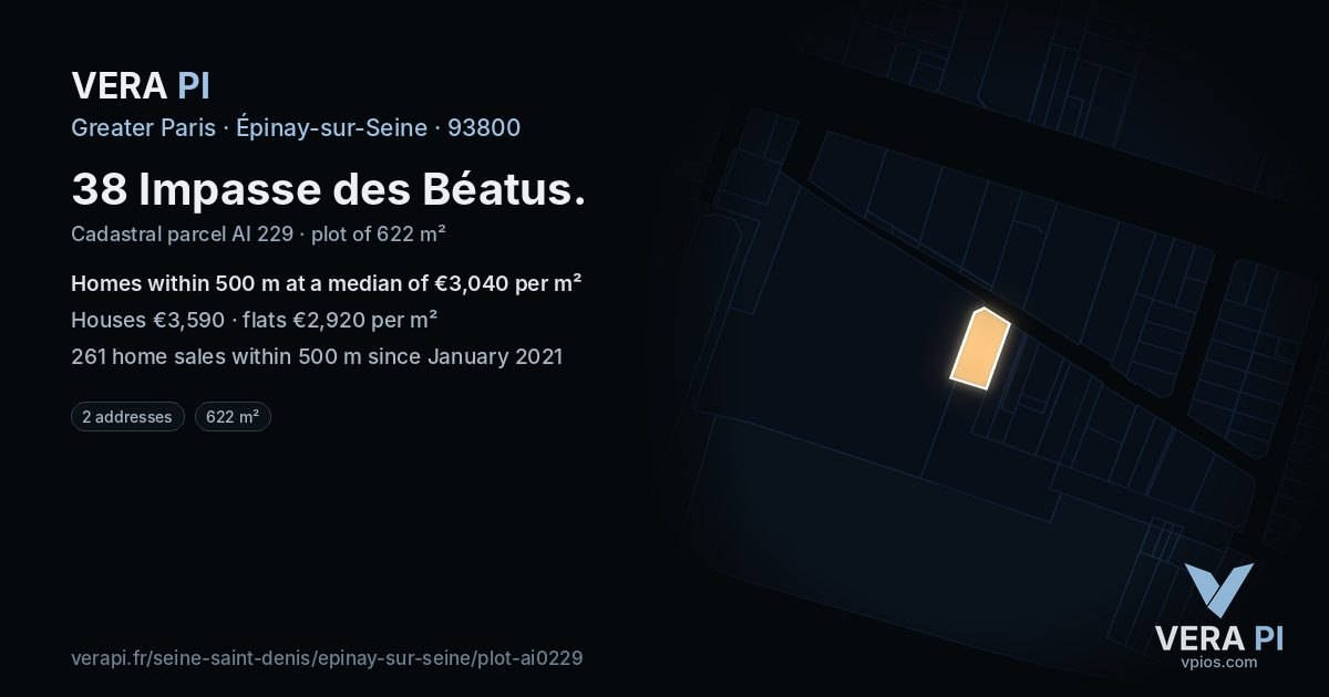 38 Impasse des Béatus, Épinay-sur-Seine at night – the plot lit, the parcels around coloured by the prices near them