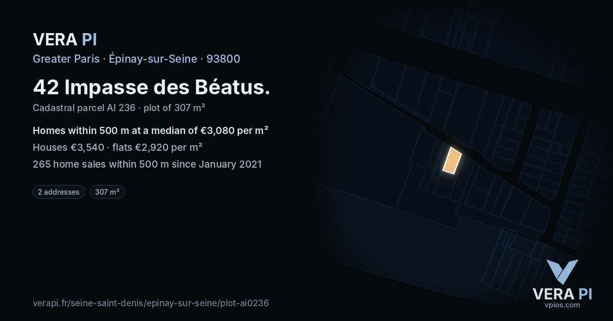 42 Impasse des Béatus, Épinay-sur-Seine at night – the plot lit, the parcels around coloured by the prices near them