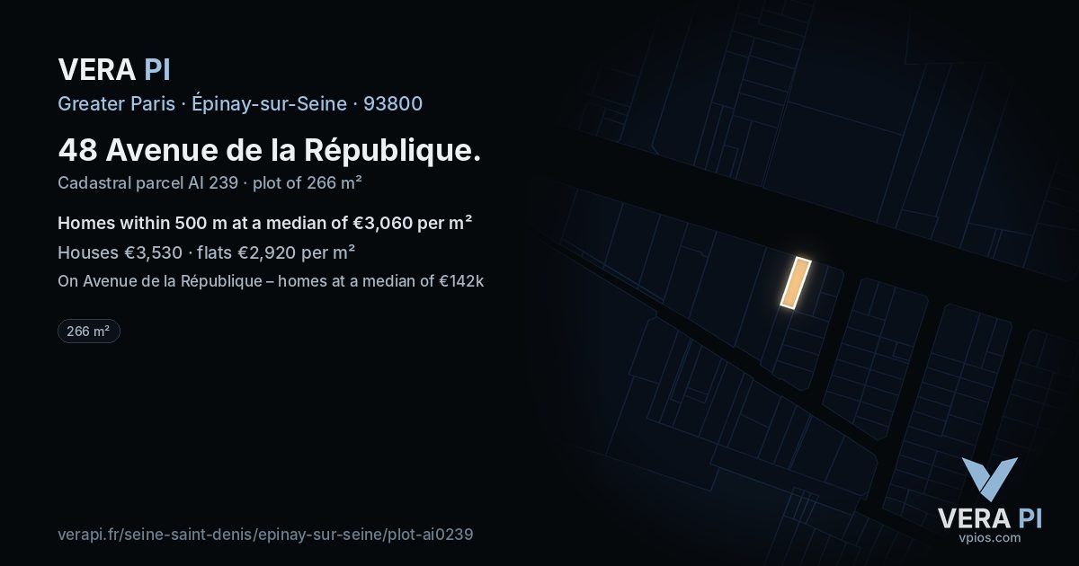 48 Avenue de la République, Épinay-sur-Seine at night – the plot lit, the parcels around coloured by the prices near them