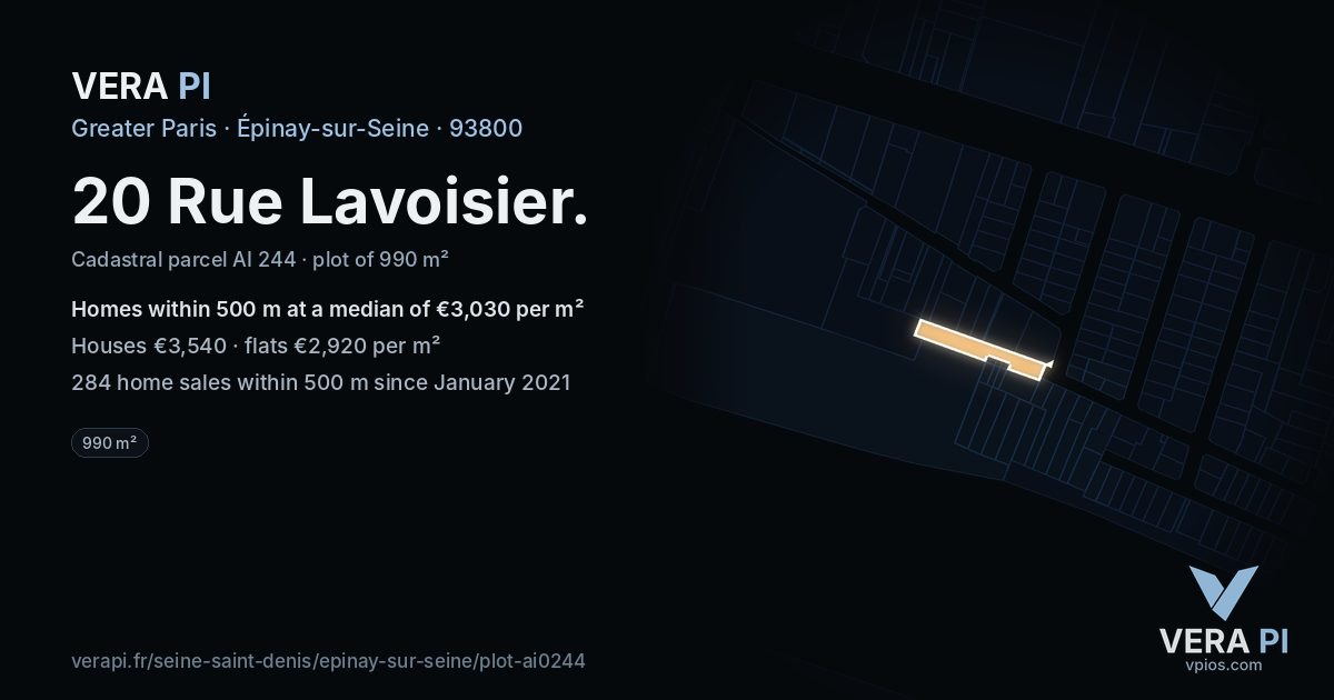 20 Rue Lavoisier, Épinay-sur-Seine at night – the plot lit, the parcels around coloured by the prices near them