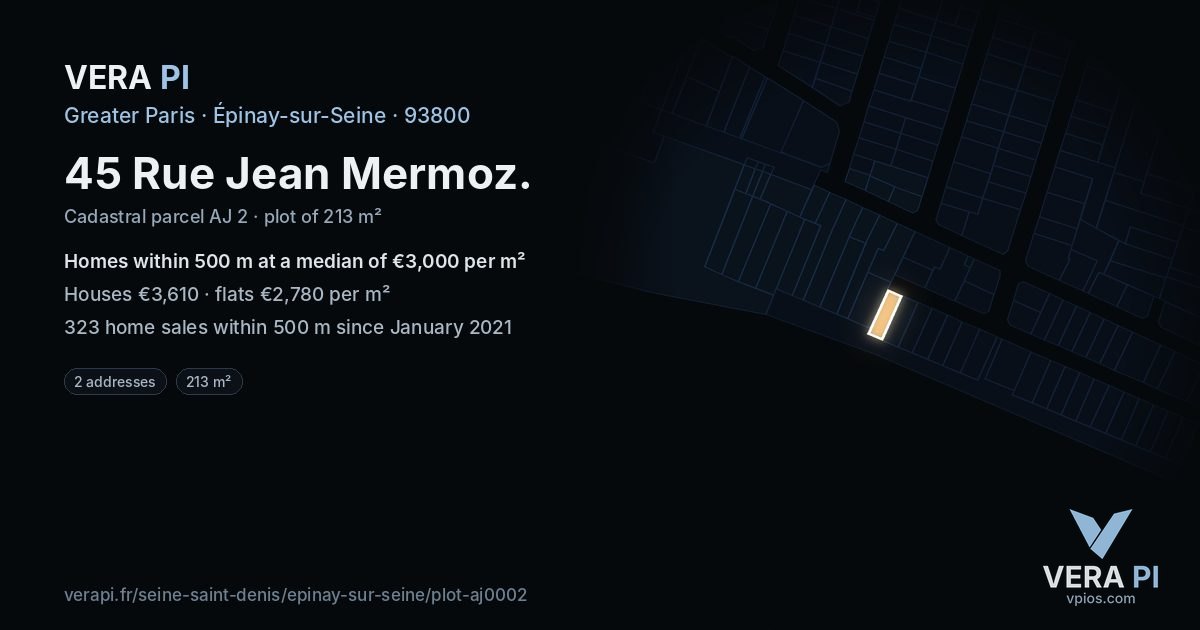 45 Rue Jean Mermoz, Épinay-sur-Seine at night – the plot lit, the parcels around coloured by the prices near them