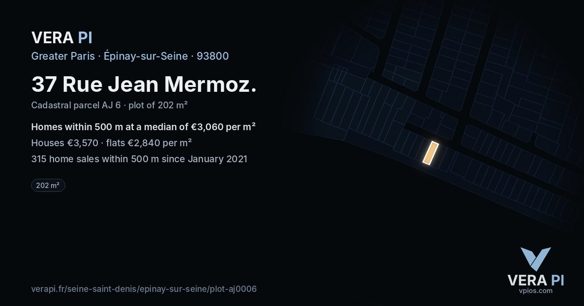 37 Rue Jean Mermoz, Épinay-sur-Seine at night – the plot lit, the parcels around coloured by the prices near them