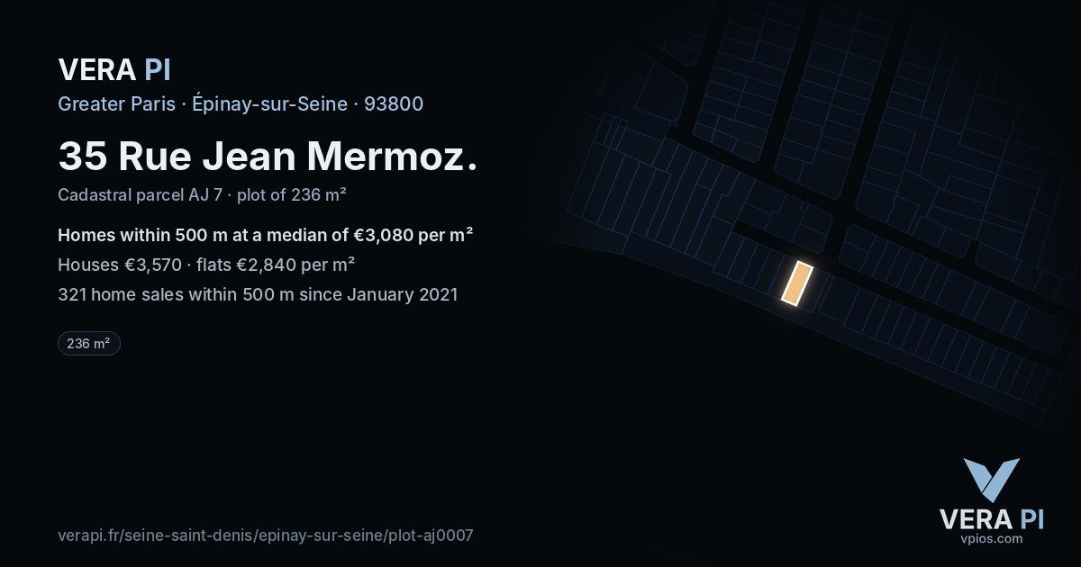 35 Rue Jean Mermoz, Épinay-sur-Seine at night – the plot lit, the parcels around coloured by the prices near them