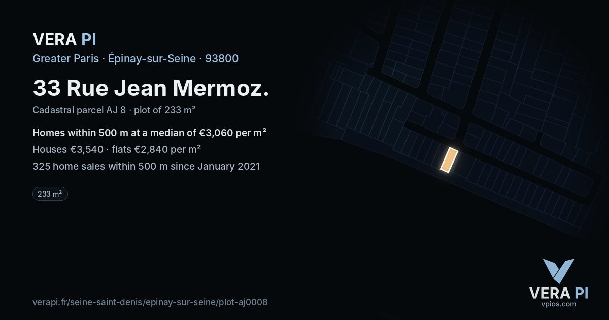 33 Rue Jean Mermoz, Épinay-sur-Seine at night – the plot lit, the parcels around coloured by the prices near them