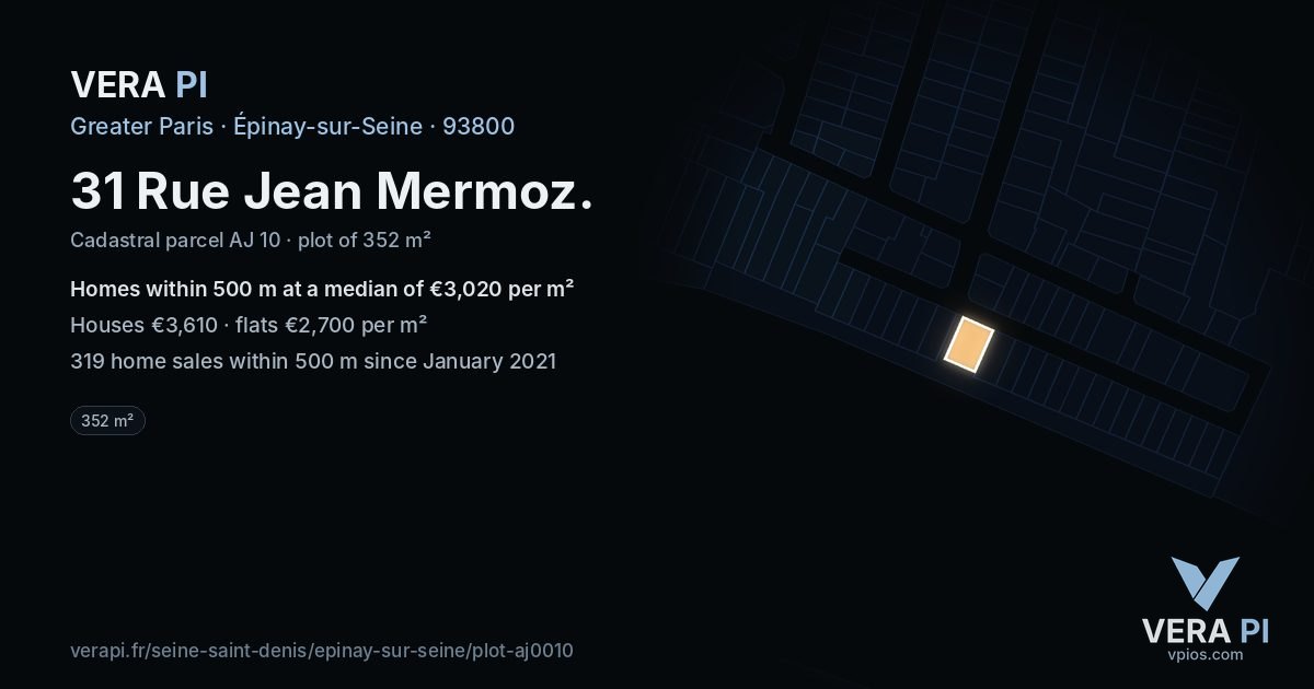 31 Rue Jean Mermoz, Épinay-sur-Seine at night – the plot lit, the parcels around coloured by the prices near them