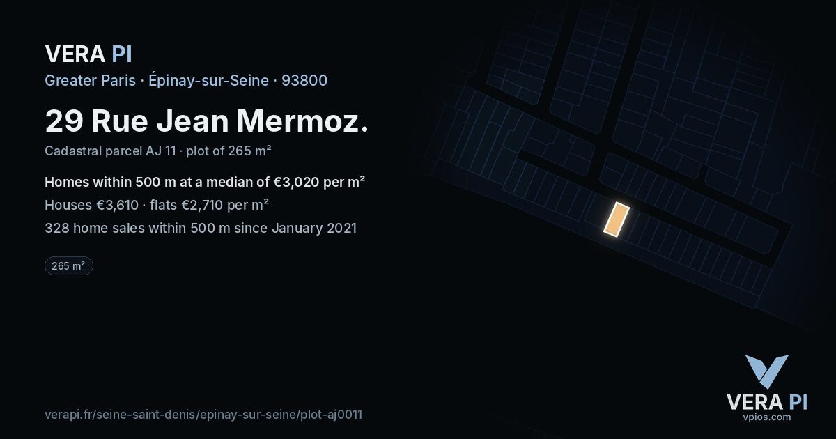 29 Rue Jean Mermoz, Épinay-sur-Seine at night – the plot lit, the parcels around coloured by the prices near them