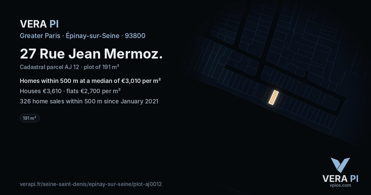 27 Rue Jean Mermoz, Épinay-sur-Seine at night – the plot lit, the parcels around coloured by the prices near them