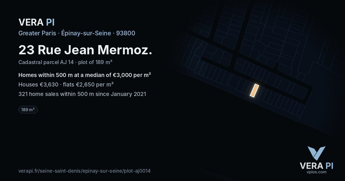 23 Rue Jean Mermoz, Épinay-sur-Seine at night – the plot lit, the parcels around coloured by the prices near them