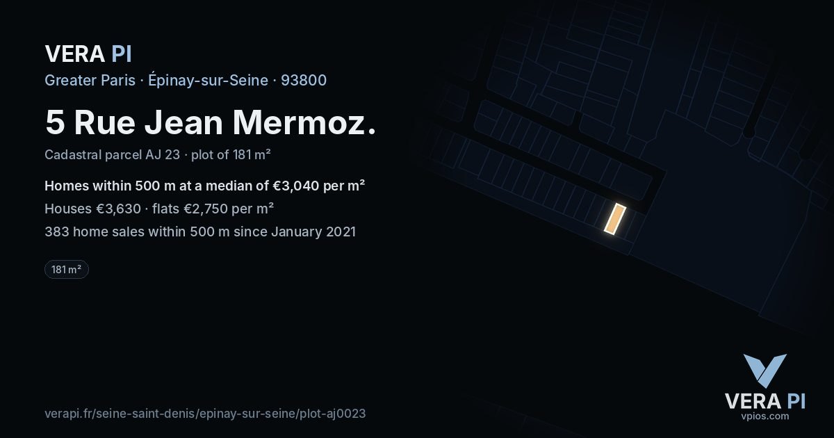 5 Rue Jean Mermoz, Épinay-sur-Seine at night – the plot lit, the parcels around coloured by the prices near them