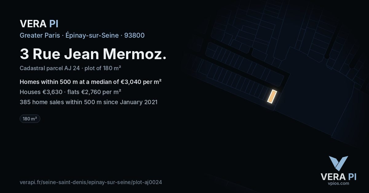 3 Rue Jean Mermoz, Épinay-sur-Seine at night – the plot lit, the parcels around coloured by the prices near them