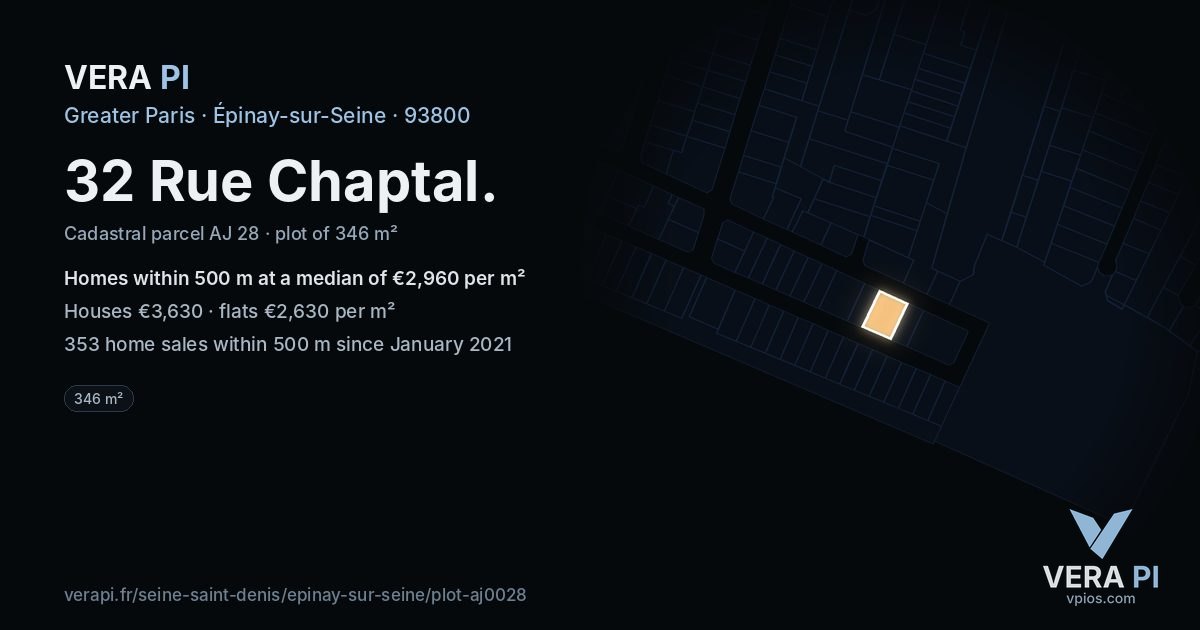 32 Rue Chaptal, Épinay-sur-Seine at night – the plot lit, the parcels around coloured by the prices near them