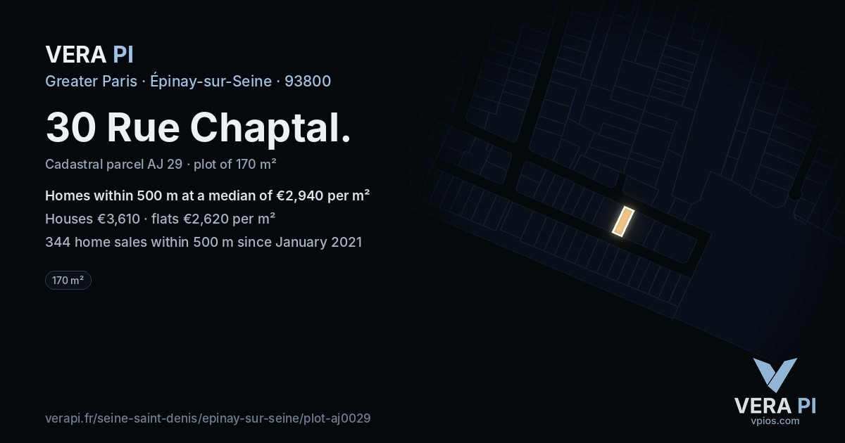 30 Rue Chaptal, Épinay-sur-Seine at night – the plot lit, the parcels around coloured by the prices near them