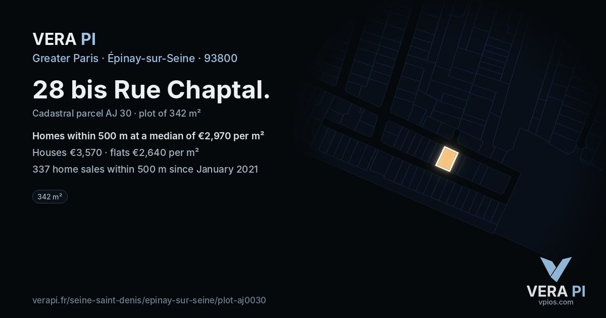 28 bis Rue Chaptal, Épinay-sur-Seine at night – the plot lit, the parcels around coloured by the prices near them