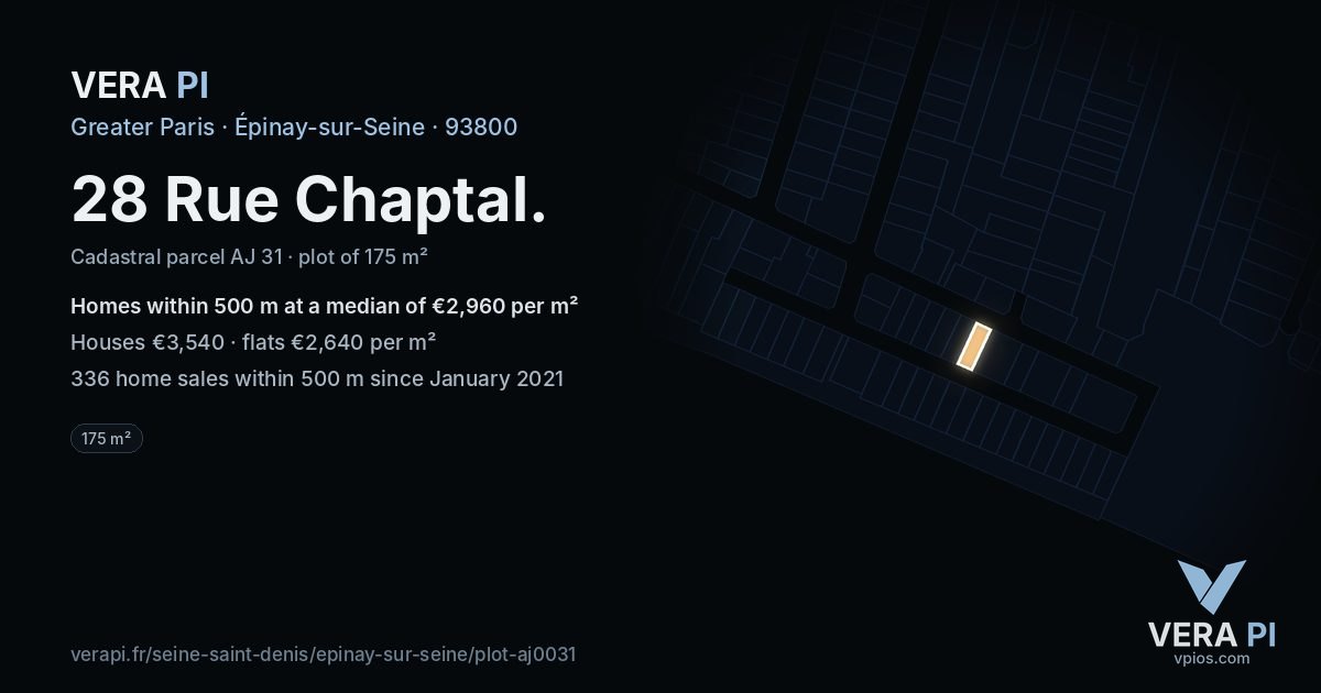 28 Rue Chaptal, Épinay-sur-Seine at night – the plot lit, the parcels around coloured by the prices near them