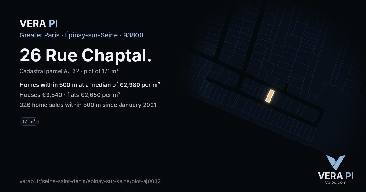 26 Rue Chaptal, Épinay-sur-Seine at night – the plot lit, the parcels around coloured by the prices near them