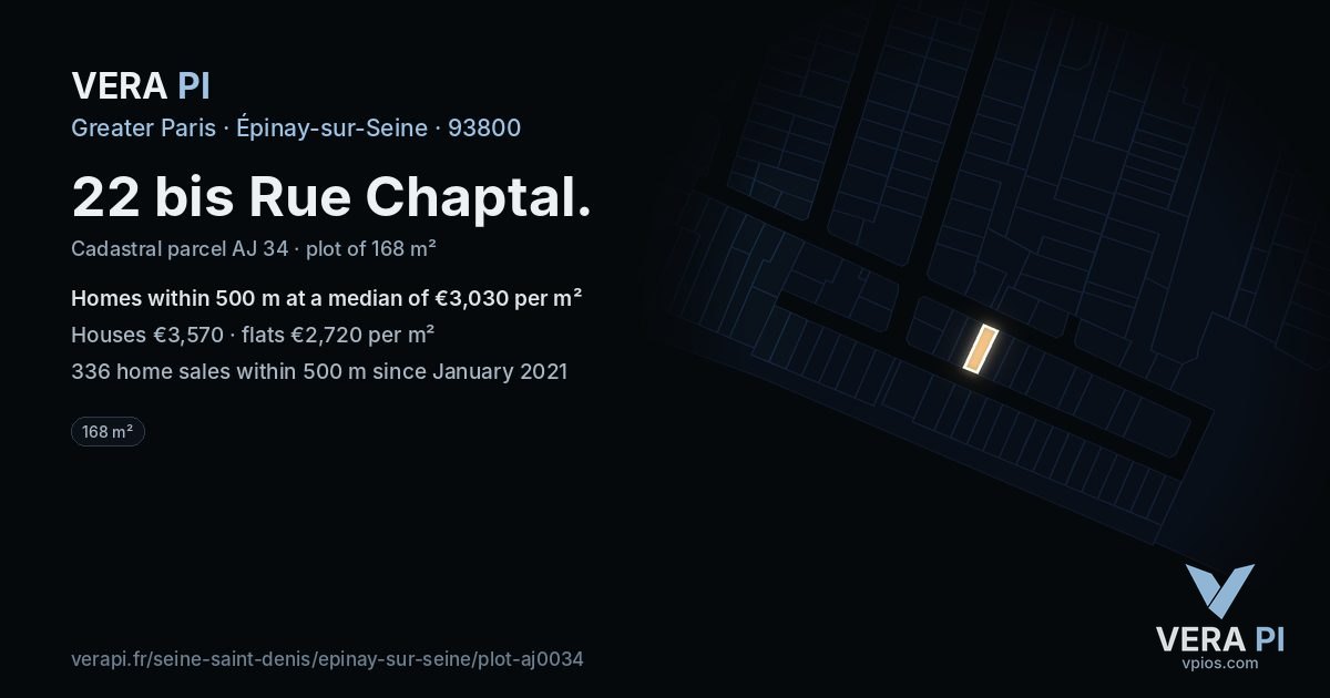 22 bis Rue Chaptal, Épinay-sur-Seine at night – the plot lit, the parcels around coloured by the prices near them