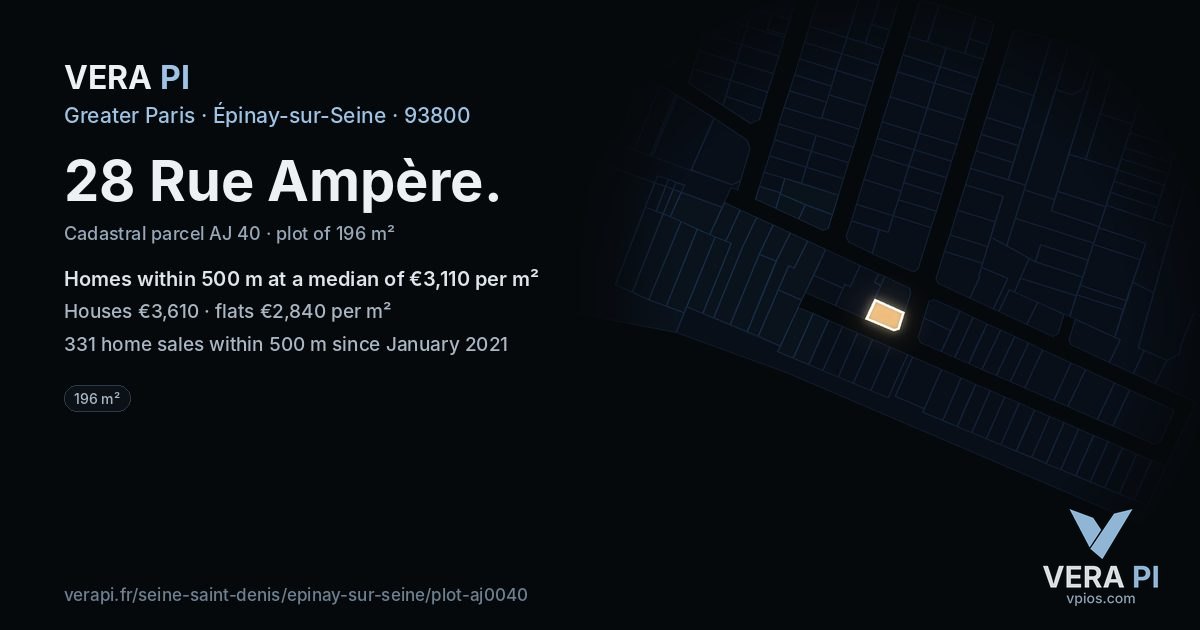 28 Rue Ampère, Épinay-sur-Seine at night – the plot lit, the parcels around coloured by the prices near them