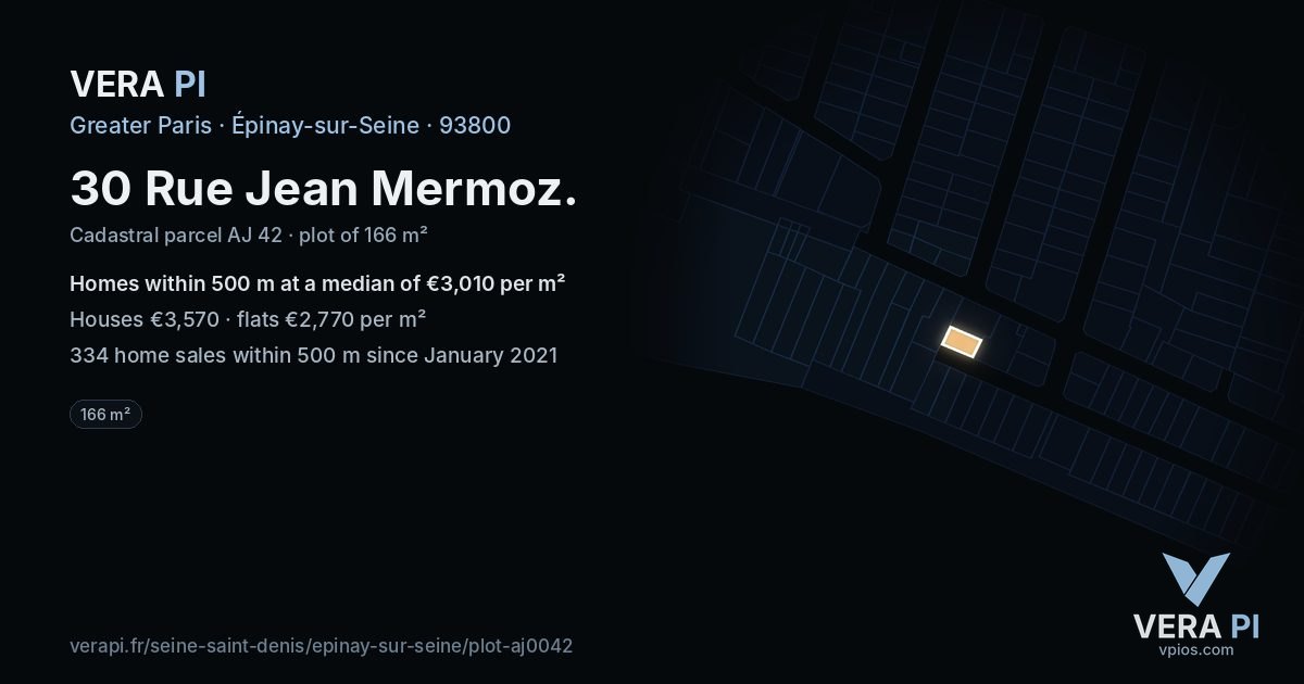 30 Rue Jean Mermoz, Épinay-sur-Seine at night – the plot lit, the parcels around coloured by the prices near them