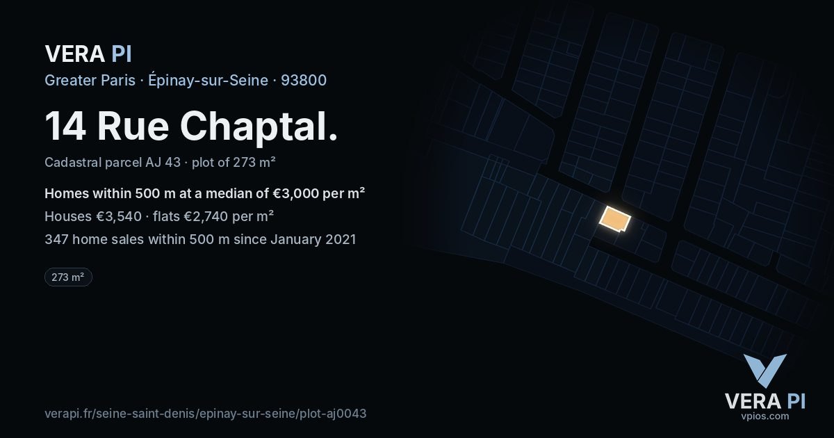 14 Rue Chaptal, Épinay-sur-Seine at night – the plot lit, the parcels around coloured by the prices near them