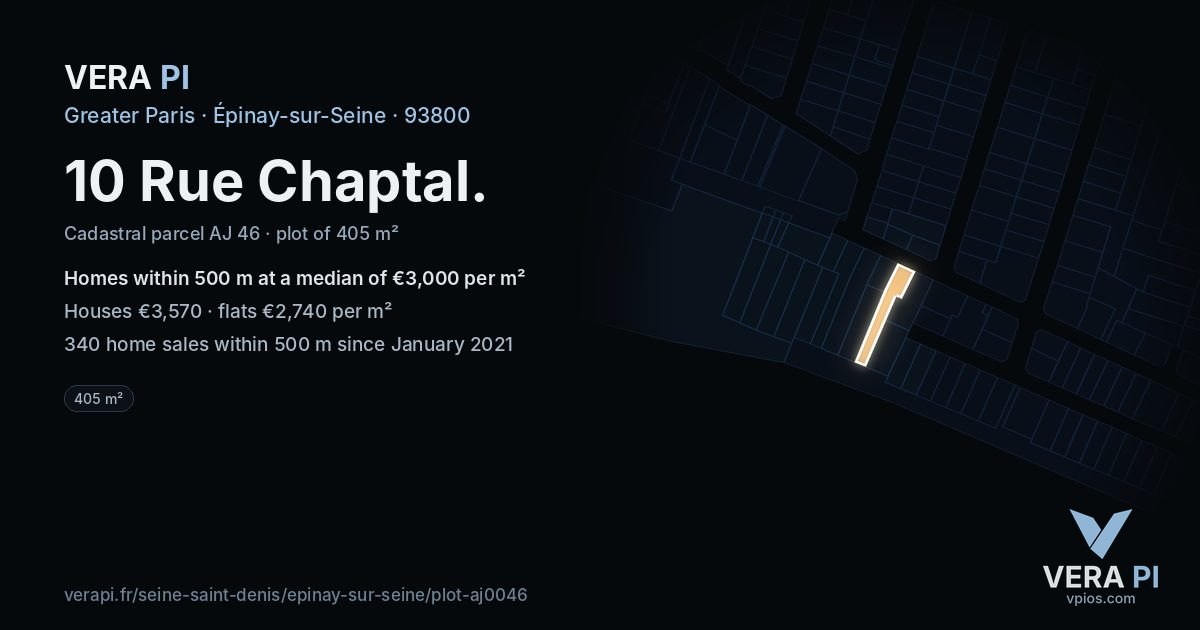 10 Rue Chaptal, Épinay-sur-Seine at night – the plot lit, the parcels around coloured by the prices near them