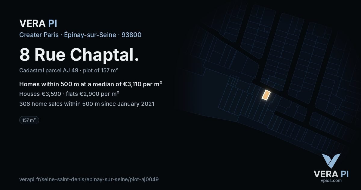 8 Rue Chaptal, Épinay-sur-Seine at night – the plot lit, the parcels around coloured by the prices near them