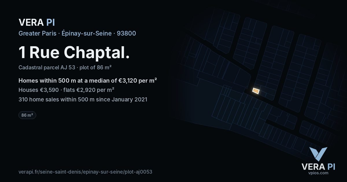 1 Rue Chaptal, Épinay-sur-Seine at night – the plot lit, the parcels around coloured by the prices near them