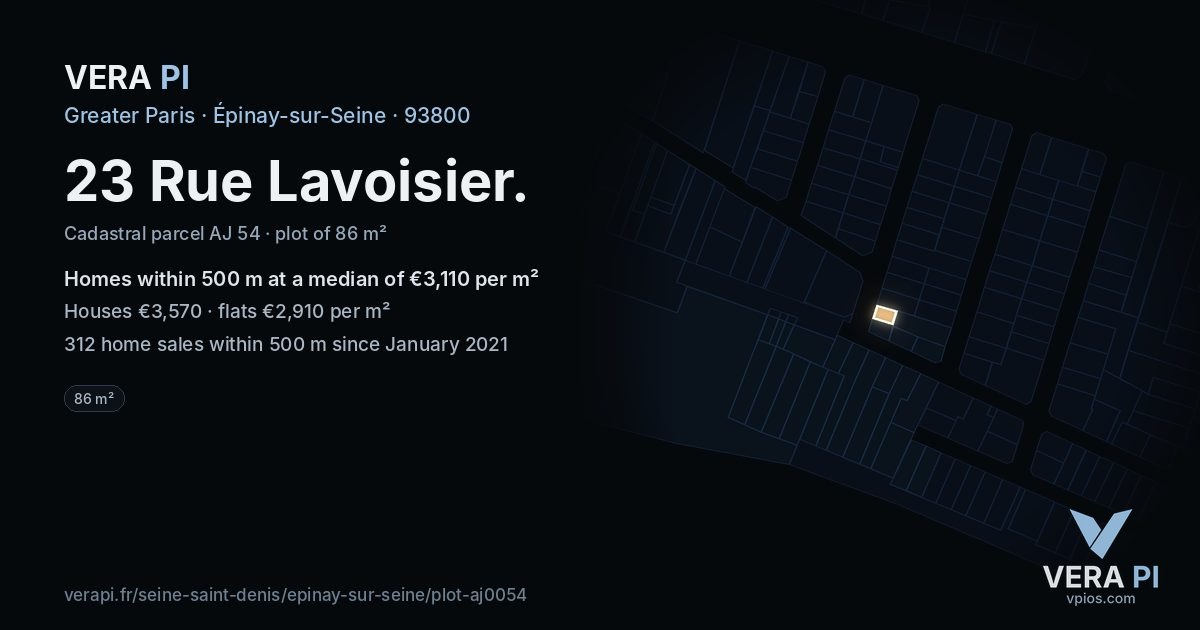 23 Rue Lavoisier, Épinay-sur-Seine at night – the plot lit, the parcels around coloured by the prices near them