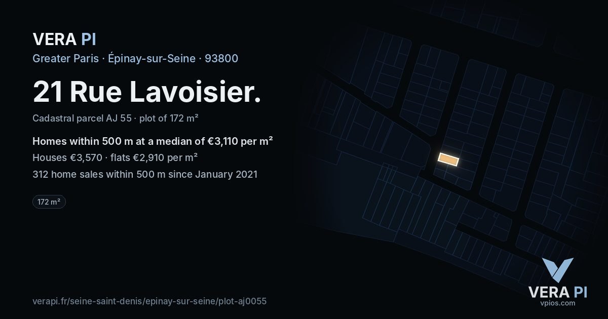 21 Rue Lavoisier, Épinay-sur-Seine at night – the plot lit, the parcels around coloured by the prices near them