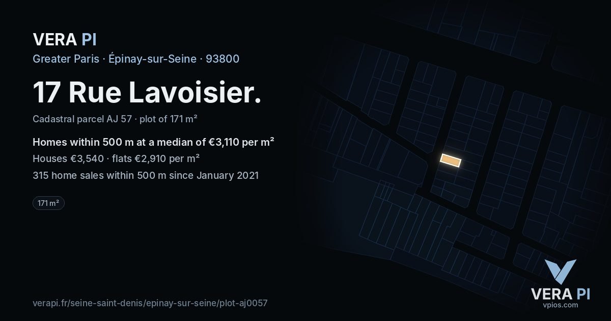 17 Rue Lavoisier, Épinay-sur-Seine at night – the plot lit, the parcels around coloured by the prices near them