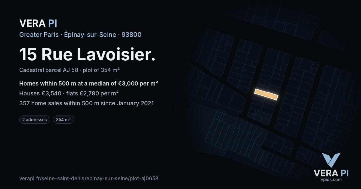 15 Rue Lavoisier, Épinay-sur-Seine at night – the plot lit, the parcels around coloured by the prices near them